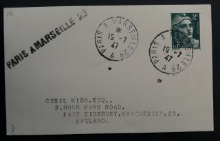 Rare 1947 France Card Ties 2fr Stamp " Paris A Marseiile 2nd " To England