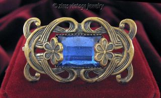 Antique Art Nouveau Blue Vauxhall Mirror Glass Brass Floral Swirl Bar Pin Brooch