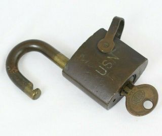 Antique Vintage Usn U.  S.  N.  Navy Small Brass Padlock Corbin Lock Co W/key