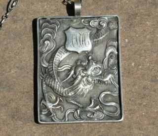 Antique Chinese Silver Pendant Medallion Charm Necklace W/ Chain Dragon