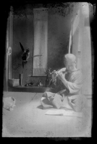 Antique Glass Negative / Young Man Playing Flute / Japanese / C.  1930