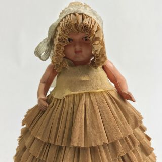 Antique Vintage Crepe Paper Doll Bonnet Dress Plastic Head Arms Cardboard Decor