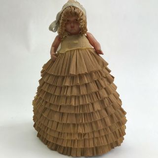Antique Vintage Crepe Paper Doll Bonnet Dress Plastic Head Arms Cardboard Decor 2