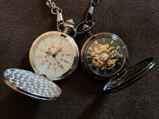 Pocket Watches With Fob Chains,  Antique Auto Mechanical Self Winding