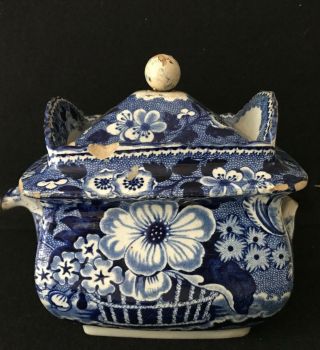Antique Dark Blue And White Staffordshire Transfer Ware Pottery Sugar Bowl W Lid