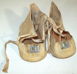 3 " Antique Painted Cloth Doll Shoes With Buckles Ties 1.  5 " Wide
