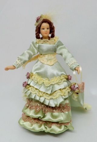 Vintage Porcelain Victorian Woman Doll In Green Dress Dollhouse Miniature 1:12