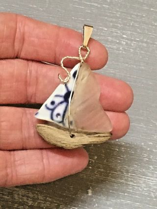 Delftware,  Recycled Sea Glass,  Driftwood Nautical Sailboat Ship Silver Pendant