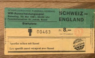 Switzerland Vs England 1981 Rare Away Ticket