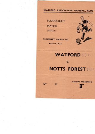 Watford V Notts Forest Friendly 2nd March 1961 Freepost Very Rare Programme