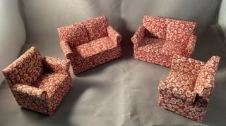 Vintage Miniature Dollhouse 2 Sofas 2 Chairs Furniture Cloth Red W/ White Floral