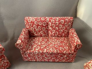 Vintage Miniature Dollhouse 2 Sofas 2 Chairs Furniture Cloth Red W/ White Floral 2