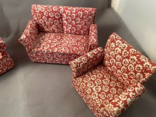 Vintage Miniature Dollhouse 2 Sofas 2 Chairs Furniture Cloth Red W/ White Floral 3