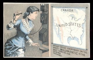 1880 ' s WILLIMANTIC THREAD TRADE CARD,  LADY USING A LG ANTIQUE WALL PHONE K214 2