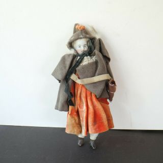 Antique Doll,  Little Girl In Velvet Dress And Hooded Coat