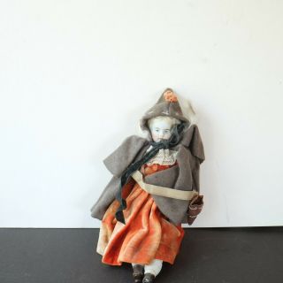 Antique doll,  little girl in velvet dress and hooded coat 3