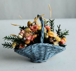 Lovely Vintage Dollhouse Miniature Wicker Basket Of Flowers