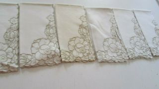 6 Antique Vintage Dinner Napkins Linen Flower Embroidery Cut Work Beige Ecru