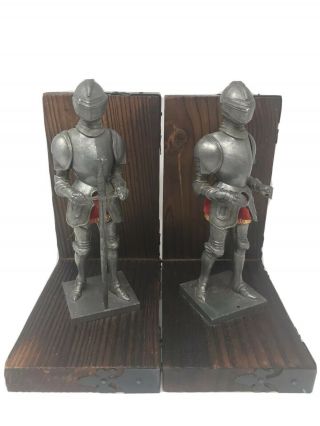 Rare Vintage Mid Century Wood And Metal Figural Medieval Knight Bookends