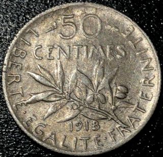 1918 France 50 Centimes La Semeuse Rare Silver Coin