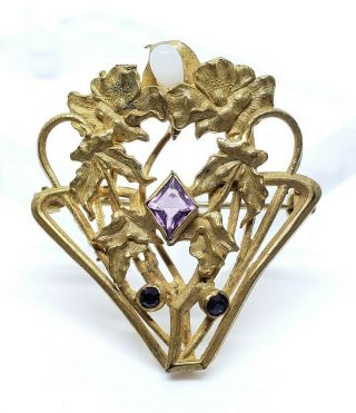 Gorgeous Antique Victorian Gold Gilt Brass Amethyst Glass Gem Floral Brooch Pin