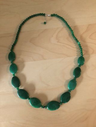 Vintage Hsn Natural Spinach Dark Green Jade Bead Necklace 30” With Silver Clasp