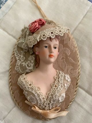 Vintage Porcelain Victorian Doll Head Cream & Pink Lace Christmas Ornament