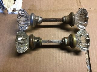 Vintage Antique Set Of 2 Crystal Glass Door Knobs Handles With Spindles