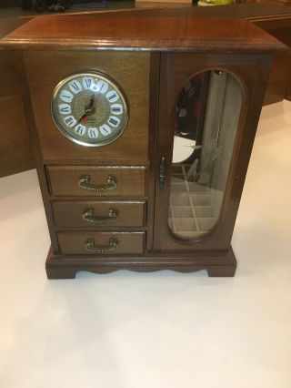 Jewelry Rare Box Wood Cabinet 3 Drawers Ring,  Chain Holder & Clock Etched Glass
