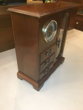 Jewelry Rare Box Wood Cabinet 3 Drawers Ring,  Chain Holder & clock Etched Glass 3