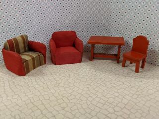 Red Wooden Vintage Dollhouse Furniture Arm Chairs