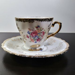 Vtg Miniature Tea Cup & Saucer Floral W Gold Accents - Japan