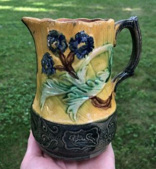 Antique 1900’s Majolica Pottery Signed Embossed Pitcher Vintage Earthenware