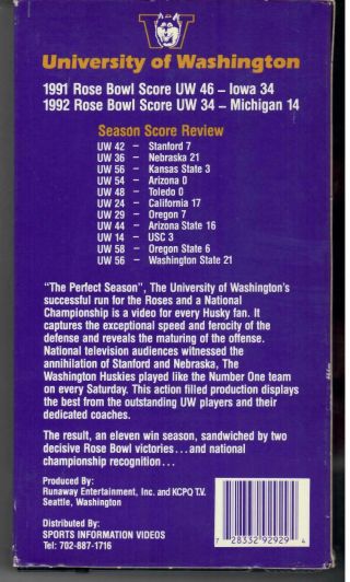 The Perfect Season 12 - 0 Washington Husky Football (VHS) HTF OOP Rare 2