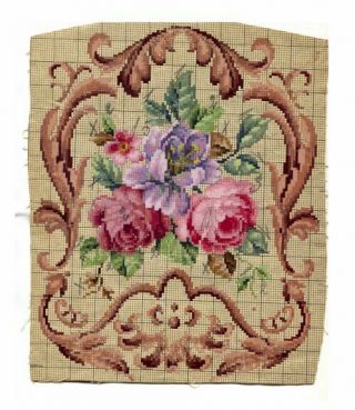 Antique Berlin Woolwork Hand Painted Chart Pattern Floral W Iris & Bord