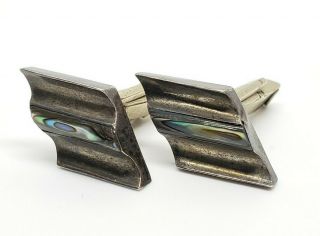 Vintage Signed Taxco 925 Sterling Silver Mexico Abalone Shell Mosaic Cufflinks