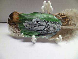 " Alligator " - - Hand Painted Rare Turkey Feather,  With Easel By Artist W.  W.  Hoffert