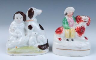 2 Antique Staffordshire Figurines W/ Dogs Pottery Puppies Spaniel Victorian Girl