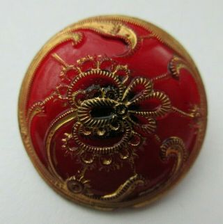 Magnificent Antique Vtg Victorian Era Ruby Red Glass Button Gold Luster 1 " (k)