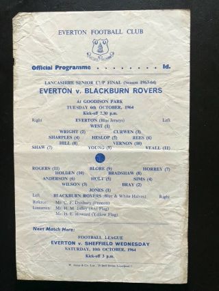 1963 - 64 Everton V Blackburn Rovers (lancashire Senior Cup Final) - Rare Item