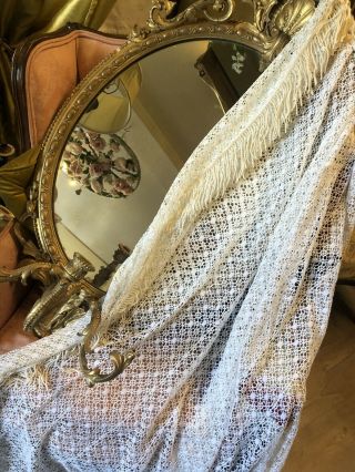Antique Vintage French Hand Crocheted Bed Cover Throw,