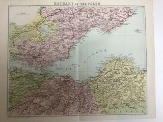 1884 Old Antique Colour Map,  Scotland,  Estuary Of The Forth,  Firth Of Forth