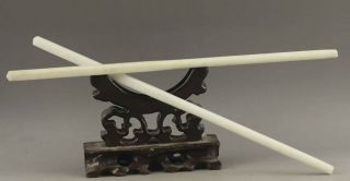 A Pair Chinese Natural Jade Hand - Carved Statue Chopsticks 8.  5 Inch