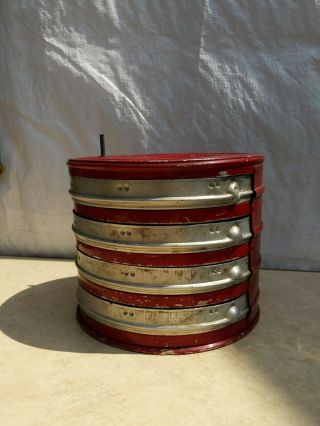 Rare Round Vintage Small Red Metal Tool Box Container Fishing Tackle Organizer
