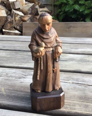 Old Vintage Italian Painted Carved Wooden Figure Of A Monk Holding A Bird