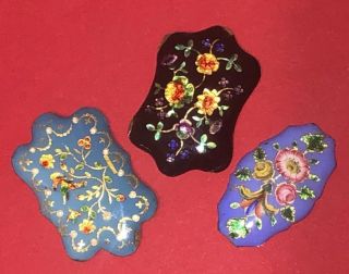 3 Antique Victorian French Hand Painted Enamel Gold Gilt Inlay Miniature Plaques