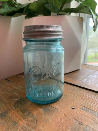 Antique Ball Perfect Mason Pint Jar 1923 - 1933 With Zinc Lid Aqua Glass