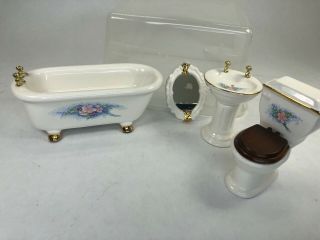 Dollhouse Miniature Bathroom Porcelain Ceramic Claw Foot Tub Toilet Sink Mirror