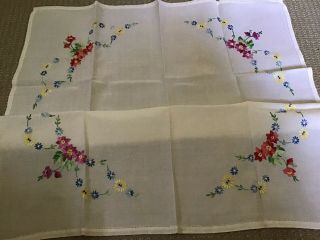 Vintage Floral Hand Embroidered White Irish Linen Tablecloth