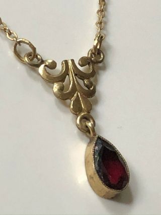 Antique Vintage Art Nouveau Rolled Gold Necklace & Garnet Stone Scroll Pendant